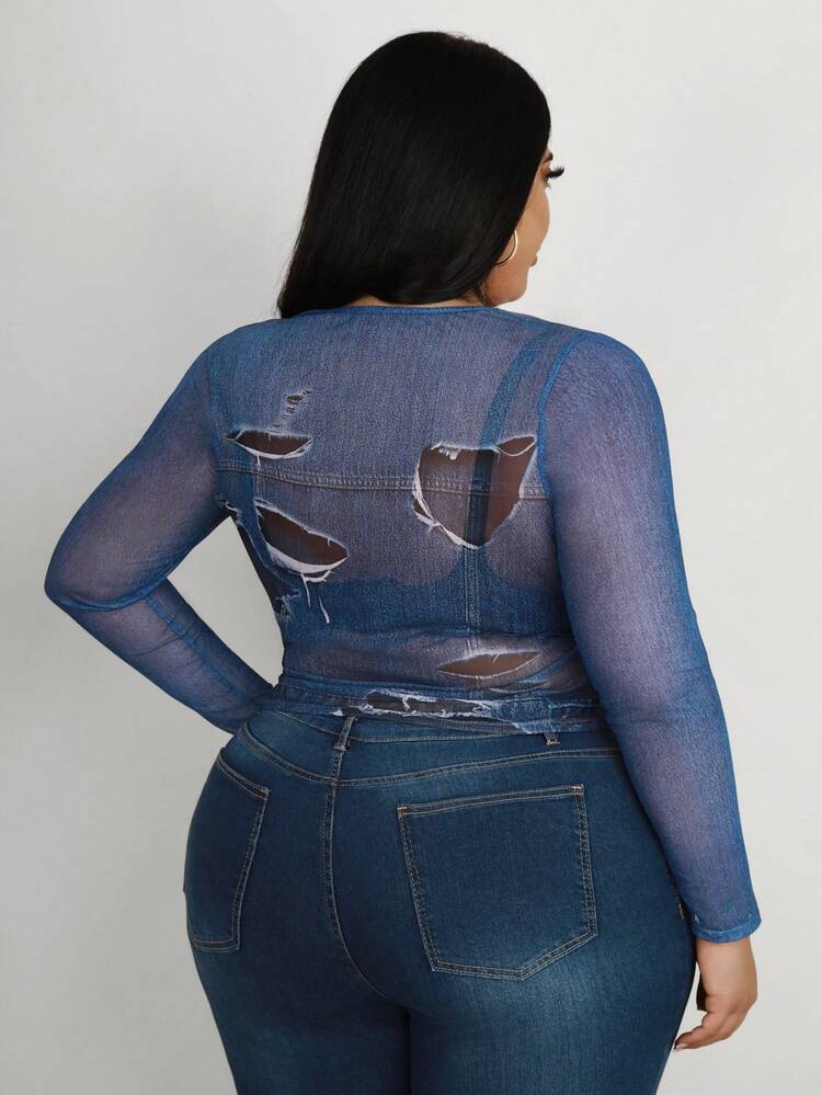 Plus Size Denim Effect Pattern Long Sleeve Top