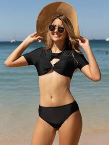 Teen Girl Ruched And Hollow Out Chest Bikini Set Summer Beach - Black - View 4