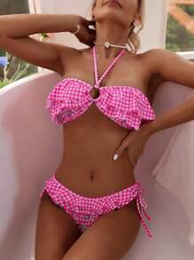 Swim Vcay Women's Plaid Floral Print Ruffle Bikini Set Summer Beach - Pink - View 1