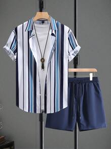Manfinity Homme 男士加大尺碼條紋印花襯衫和短褲套裝 - 白色 - 查看 1