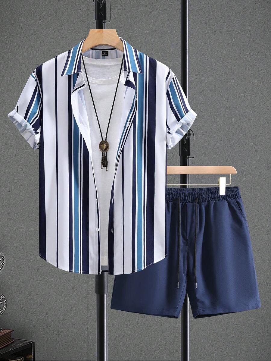 Manfinity Homme 男士加大尺碼條紋印花襯衫和短褲套裝 - 白色 - 查看 1