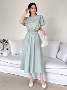 DAZY 女士短款泡泡袖圆领衬衫和裙子套装，女士两件套 - 藍色 - 查看 1