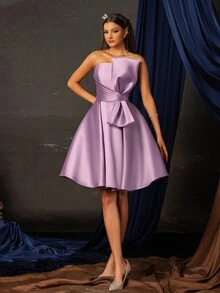 Vestido corto elegante de satén para mujer con lazo decorativo, vestido de fiesta, baile de graduación, regreso a casa, para cumpleaños, graduación, bailes de gala - Morado - Ver 6