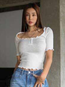 DAZY Ngắn tay Thon gọn Viền xếp Vòng cổ Vạt váy nút Áo thun - trắng - Xem 4