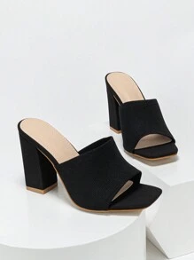 Women's Peep Toe Mules With Chunky Heel & Knitting Design, Breathable & Casual For Summer - Black - View 4