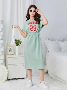 SHEIN Vestido de mangas cortas de punto con cuello redondo, estampado de carta, hombros caídos y cintura ajustada para chica adolescente