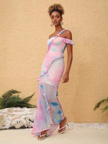 VALVERDE 设计师波西米亚风印花网眼长款夏季优雅连衣裙，适合节日、派对、度假、春季、海滩、节日、伊比沙岛装扮、婚礼舞会礼服