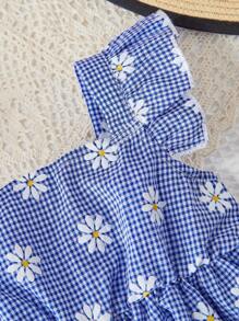 SHEIN Baby Girl's Casual Summer Vacation Floral & Plaid Pattern Cap Sleeve Top Mommy And Me Matching Outfits( 2 Pieces Are Sold Separately) - Blue - View 4