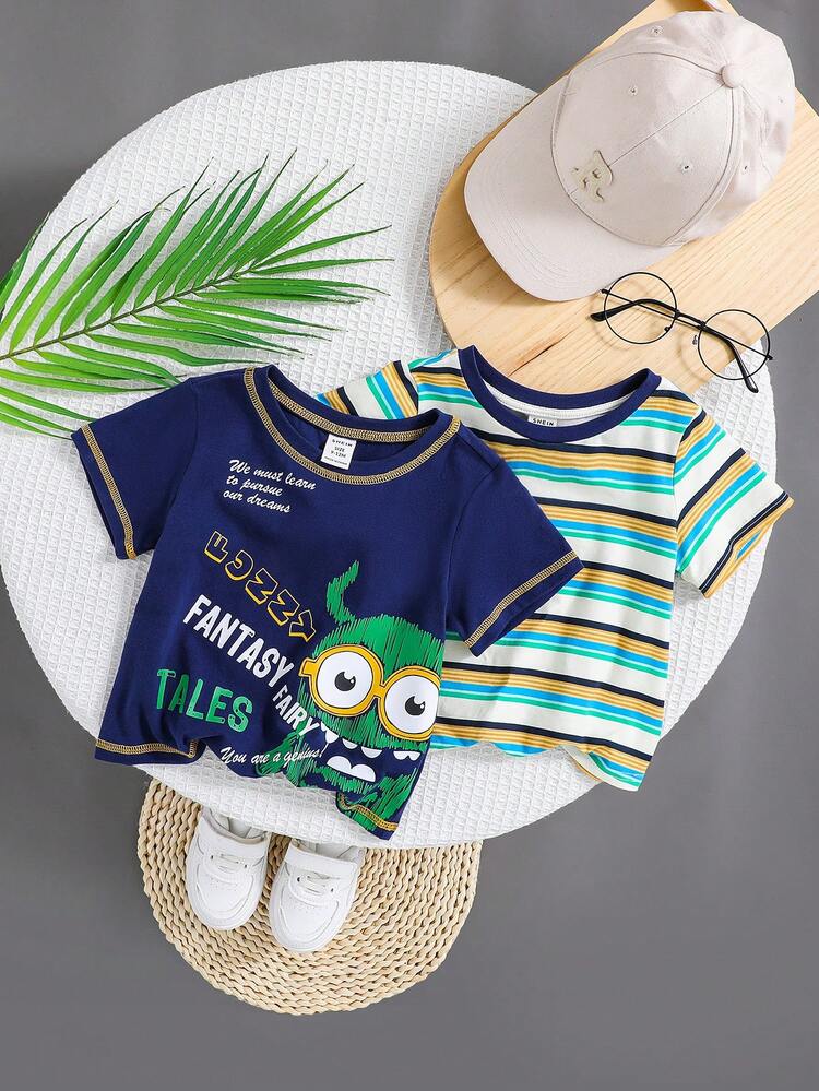 Baby Boy Casual Striped & Cartoon Pattern Color Block Short Sleeve Tops Two Pieces Set