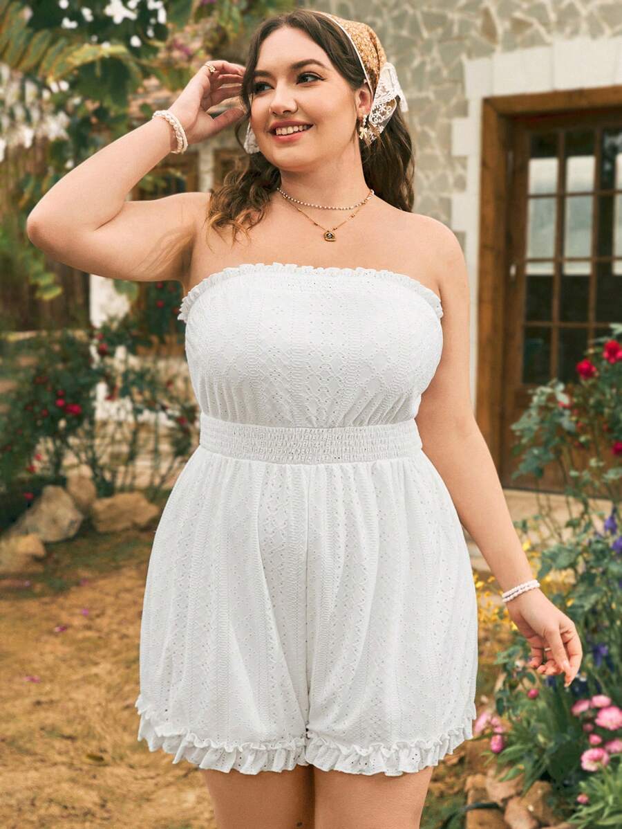 Dreamara Plus Size White Texture Jacquard Strapless Romper With Cinched Waist Girl Spring Break Vacation - White - View 1