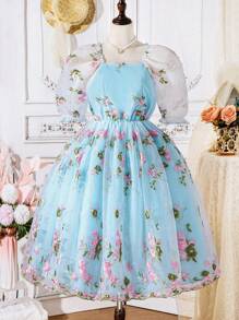 Teen Girl Floral Embroidery Pleated Dress For Summer - Baby Blue - View 1