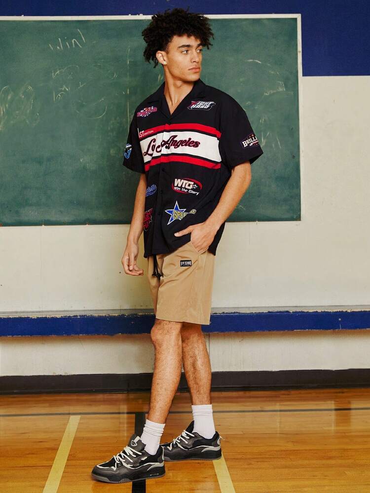 Men's Color Blocked Short Sleeve Shirt With Letter Print,Back To School