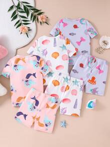 6pcs Baby Girls' Minimalist Ocean Creature Print Snug Fit Round Neck T-Shirt And Shorts Set, 3 Outfit Casual Homewear Combo - Multicolor - View 2