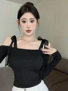 Dazy Designer 女士露肩设计长袖T恤，时尚感十足，除夕夜，露肩上衣，返校服，秋季女装 - 黑色 - 查看 4