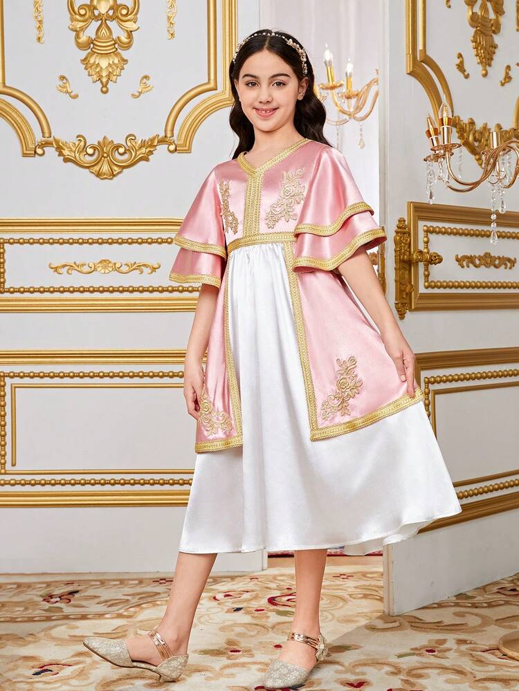 Tween Girl Sibling Outfits, Double Layered Dress With Ruffled Sleeves, V-Neckline And Colorful Appliques, Medium Length