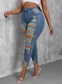 Slaydiva Plus Size Stretchy Ripped Skinny Jeans - Blue - View 5