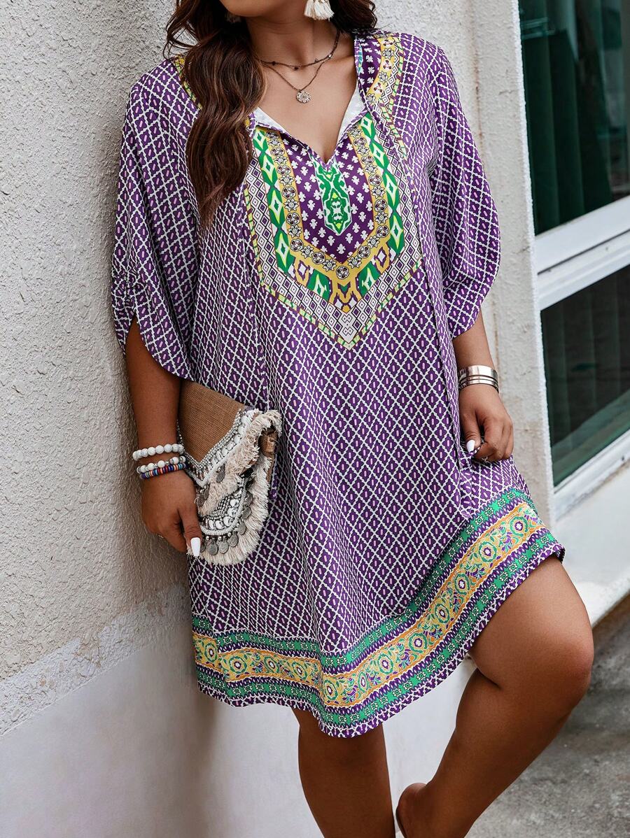 Breezaya Kích thước lớn Tay áo Đầm Với In ngẫu nhiên - Màu tím - Xem 1