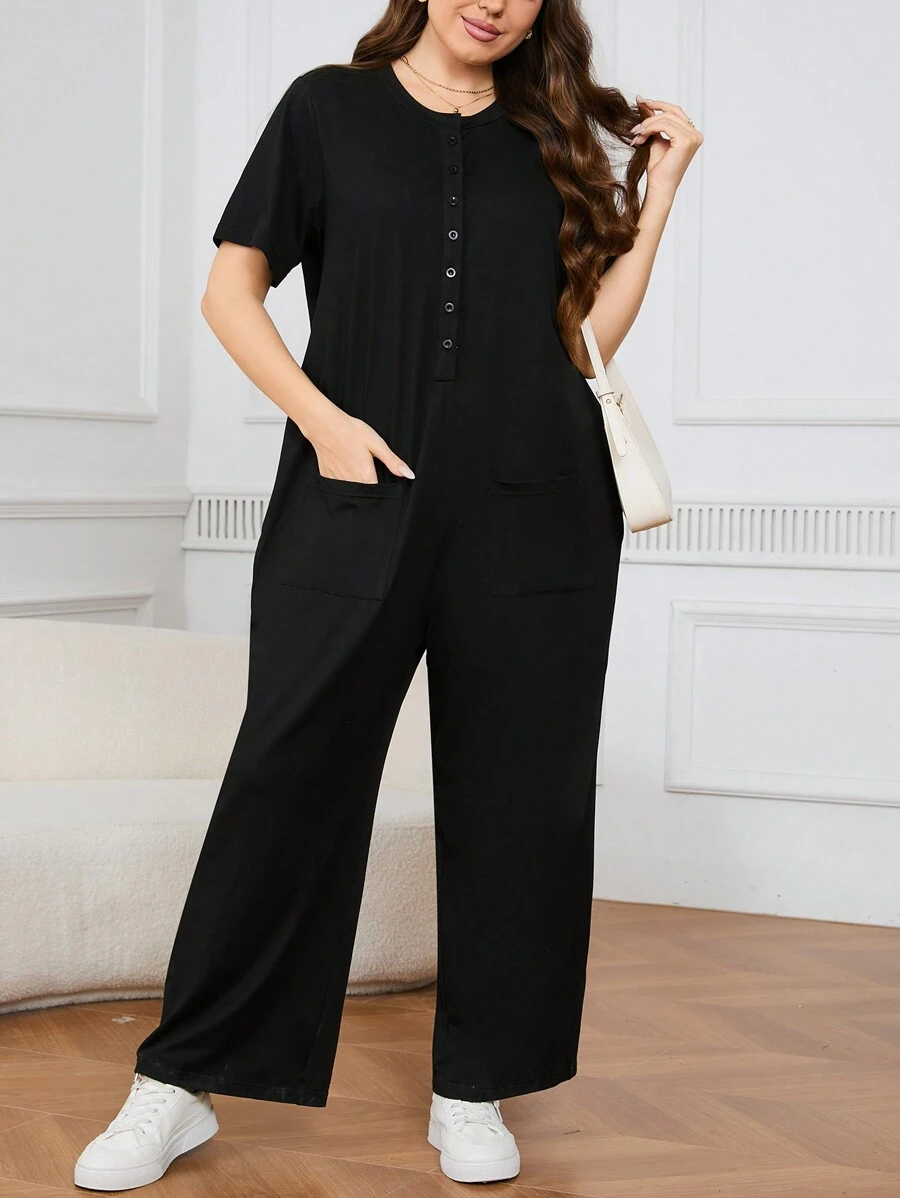 EMERY ROSE Plus Size Button-Front Short Sleeve Jumpsuit With Pockets - Black - View 1