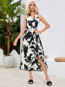 Aveloria Rückenfreies Neckholder Kleid mit Pflanzen Muster