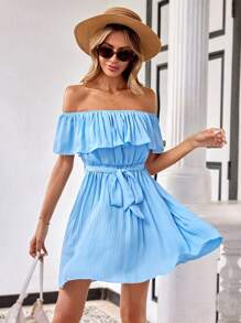 GENKIRA Solid Color Off Shoulder Ruffle Hem Decorated Casual Dress - Blue - View 3