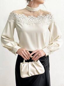 Modelyn Contrast Mesh Soluble Lace Casual Long Sleeve Shirt - Beige - View 5