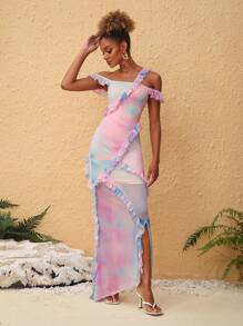 VALVERDE 设计师波西米亚风印花网眼长款夏季优雅连衣裙，适合节日、派对、度假、春季、海滩、节日、伊比沙岛装扮、婚礼舞会礼服