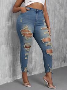 Slaydiva Plus Size Stretchy Ripped Skinny Jeans - Blue - View 6