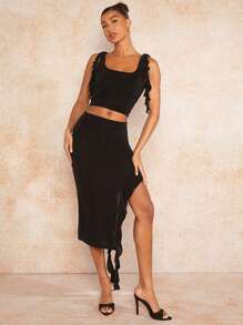 SHEIN BAE Top estivo con collo alto in pizzo per vacanze in spiaggia, carini top estivi, top Tankini, abiti per festival musicali - nero - Visualizzare 6