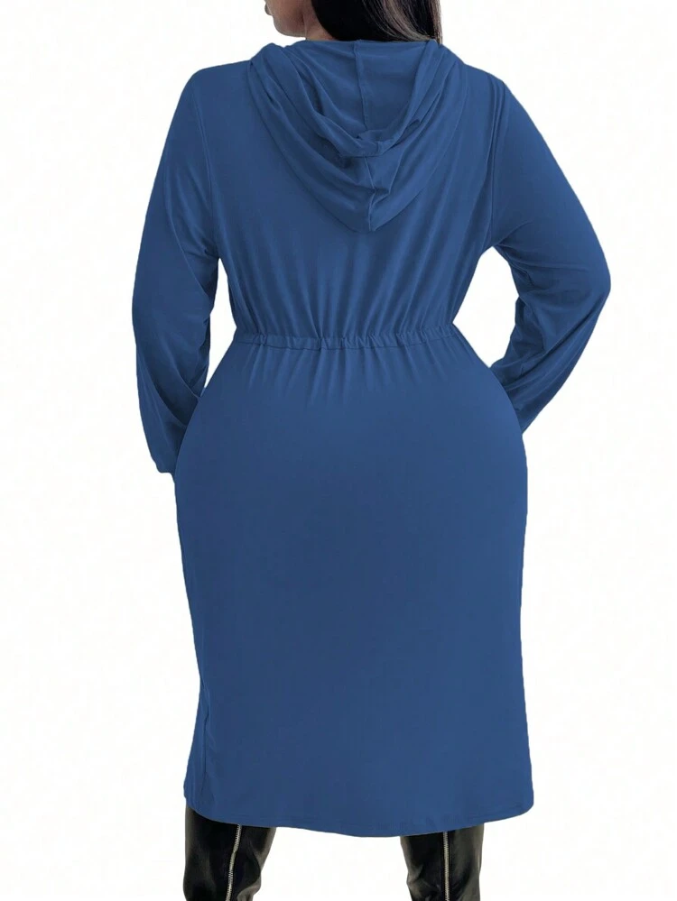 Plus Size Solid Color Drawstring Waist Split Hem Hooded Dress