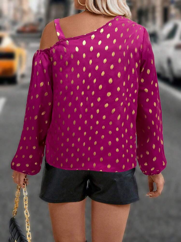 Plus Size Lantern Sleeve Shirt With Asymmetric Collar And Gold Foil Print