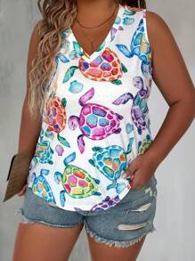 EMERY ROSE Plus Size Women's Turtle Print V-Neck Tank Top For Summer Graphic Tees Women Tops - Multicolor - View 1