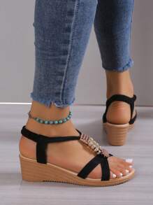 Women Bohemian Style Wedge Sandals, Suede Casual Vacation Wedge Shoes, Platform Non-Slip Slip-On Sandals, Fashion Versatile Wedge Pumps, Black High Heel/White