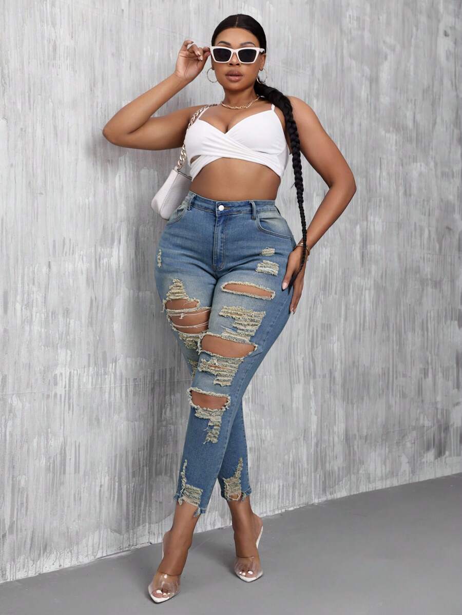 Slaydiva Plus Size Stretchy Ripped Skinny Jeans - Blue - View 1