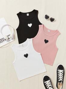 SHEIN 3入組十幾歲女孩針織休閒心形紋理背心套裝 - 黑與白 - 查看 1