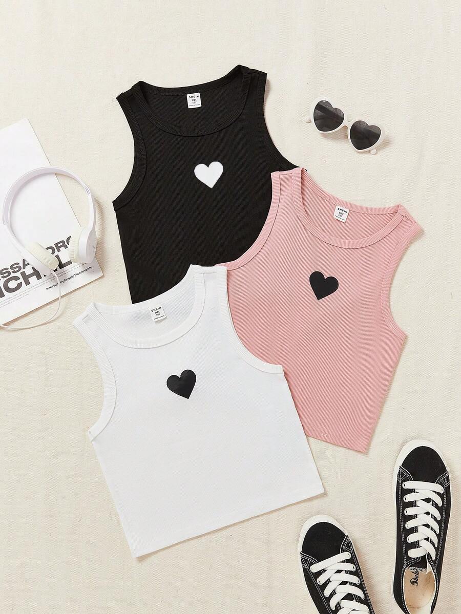 SHEIN 3入組十幾歲女孩針織休閒心形紋理背心套裝 - 黑與白 - 查看 1