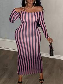 Slaydiva Striped Off Shoulder Dress - Coffee Brown - View 1