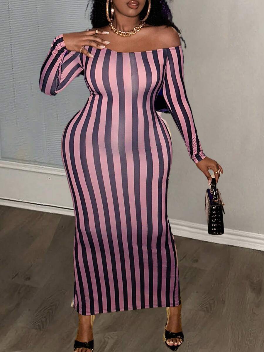 Slaydiva Striped Off Shoulder Dress - Coffee Brown - View 1