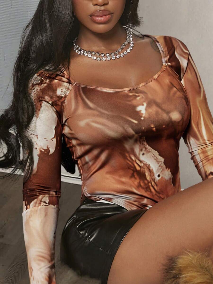 Slaydiva In Đá cẩm thạch Scoop Cổ Áo thun - Màu nâu  Mocha - Xem 1