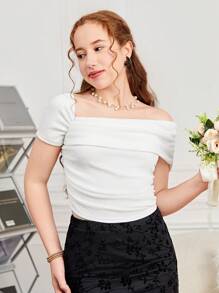 SHEIN Girlism 少女针织罗纹不对称领褶饰休闲 T 恤 - 白色 - 查看 6