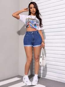 SHEIN PETITE 彈性腰綁口翻邊牛仔短褲 - 深色水洗藍 - 查看 3