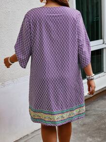 Breezaya Kích thước lớn Tay áo Đầm Với In ngẫu nhiên - Màu tím - Xem 2