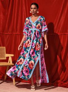 TIYA Vestido largo con cuello en V profundo, estampado total, diseño bohemio y boho para mujer, vestido elegante de verano, atuendo para Año Nuevo, para vacaciones, fiestas y festivales