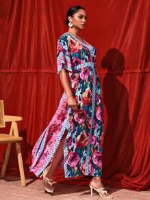 TIYA Vestido largo con cuello en V profundo, estampado total, diseño bohemio y boho para mujer, vestido elegante de verano, atuendo para Año Nuevo, para vacaciones, fiestas y festivales