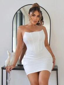 SHEIN SXY Elegant White Satin Prom Dress With Strapless Bodice, Fishbone And Above Knee Length - White - View 5