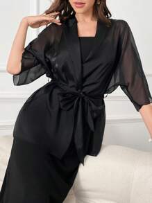 Modelyn Solid Color Casual Strapless Dress And Shawl Collar Coat - Black - View 4