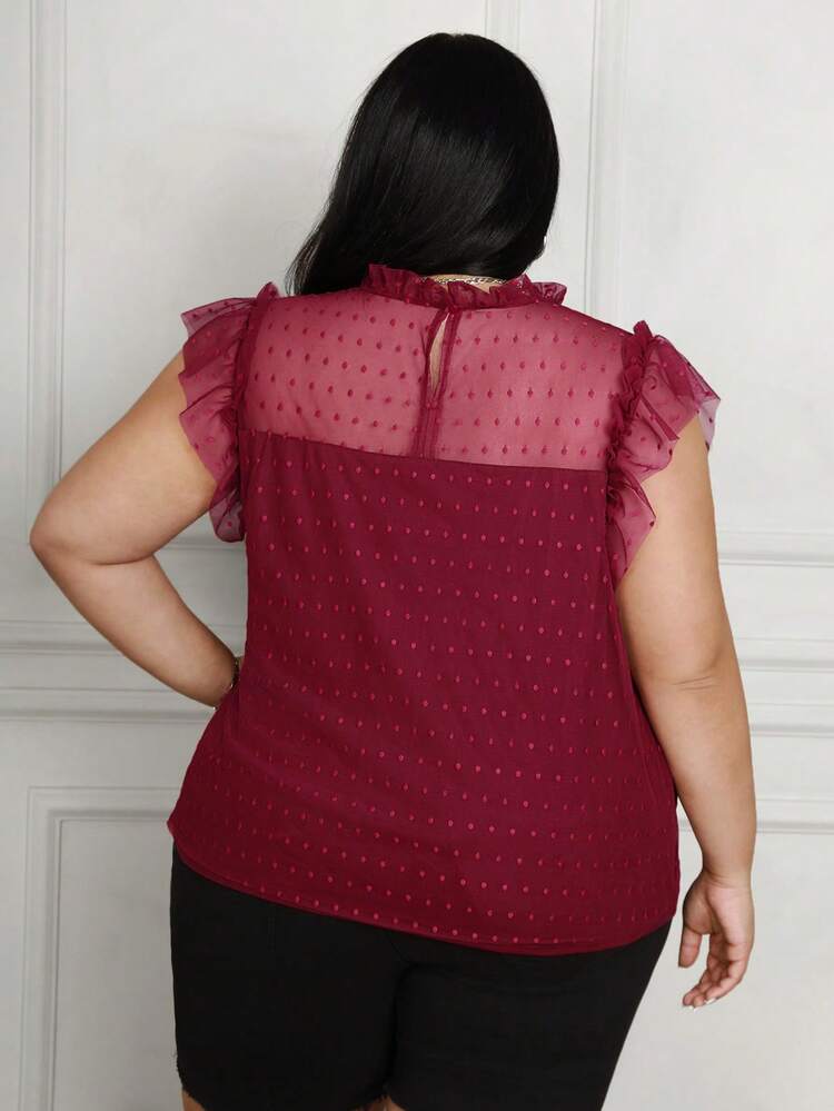 Plus Size Wine Red Mesh Paneled Top With Ruffle Hem For Women