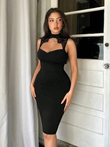 Firerie Wedding Daily Elegant Holiday Date Party INS Elegant Lace Bodycon Dress With Open Back For Summer Sexy Dress - Black - View 4