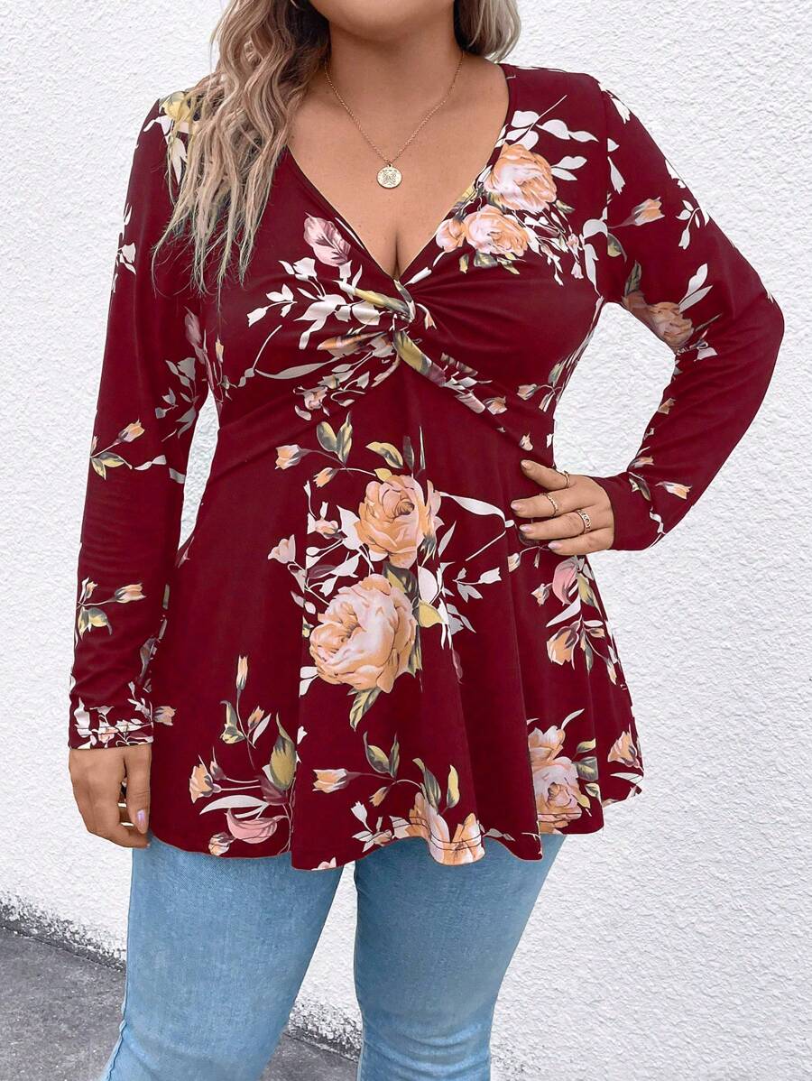 SHEIN LUNE 大尺碼女士花卉印花扭結長袖t恤 - 紅色 - 查看 1