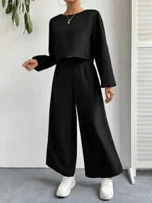 SHEIN Essnce Solid Color Lantern Sleeve Top And Wide Leg Pants Casual 2pcs/Set - Black - View 6