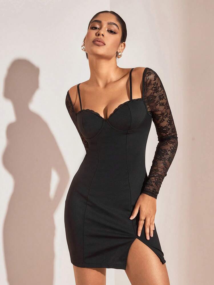 Gorgeous Women's Patchwork Lace Long Sleeve Side Slit Dress